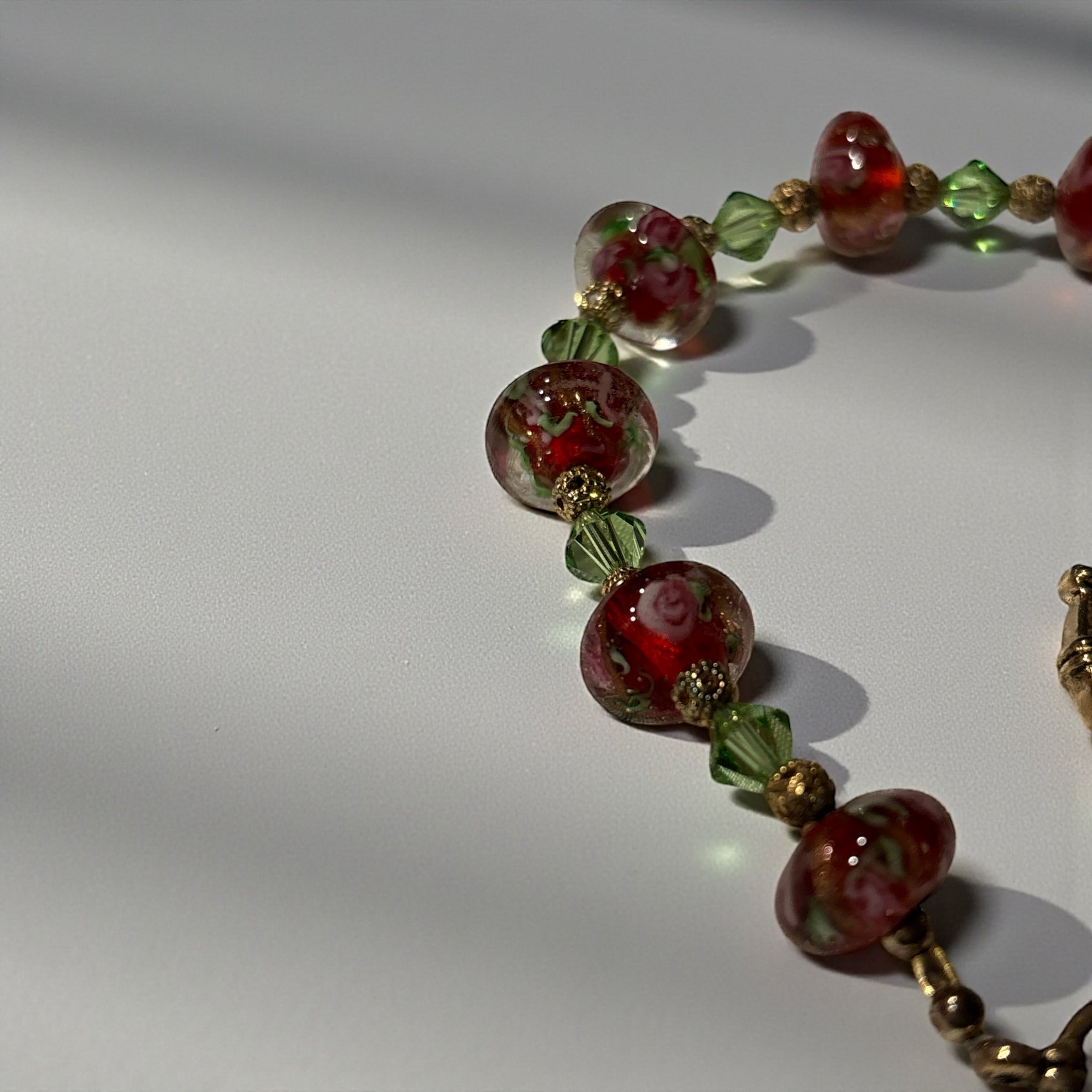Lampwork Glass Bead Bracelet, Red Floral Glass Beads with Green Crystal Accents, Handmade Bracelet