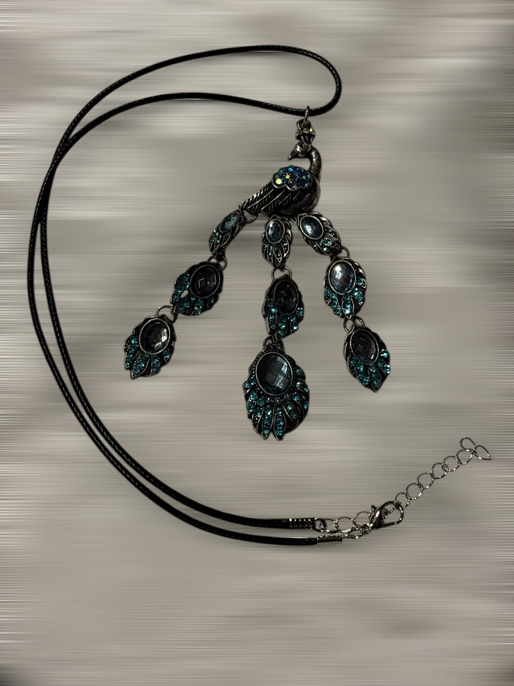 Faceted Peacock Pendant Necklace Blue Crystal Antique Silver Statement Jewelry