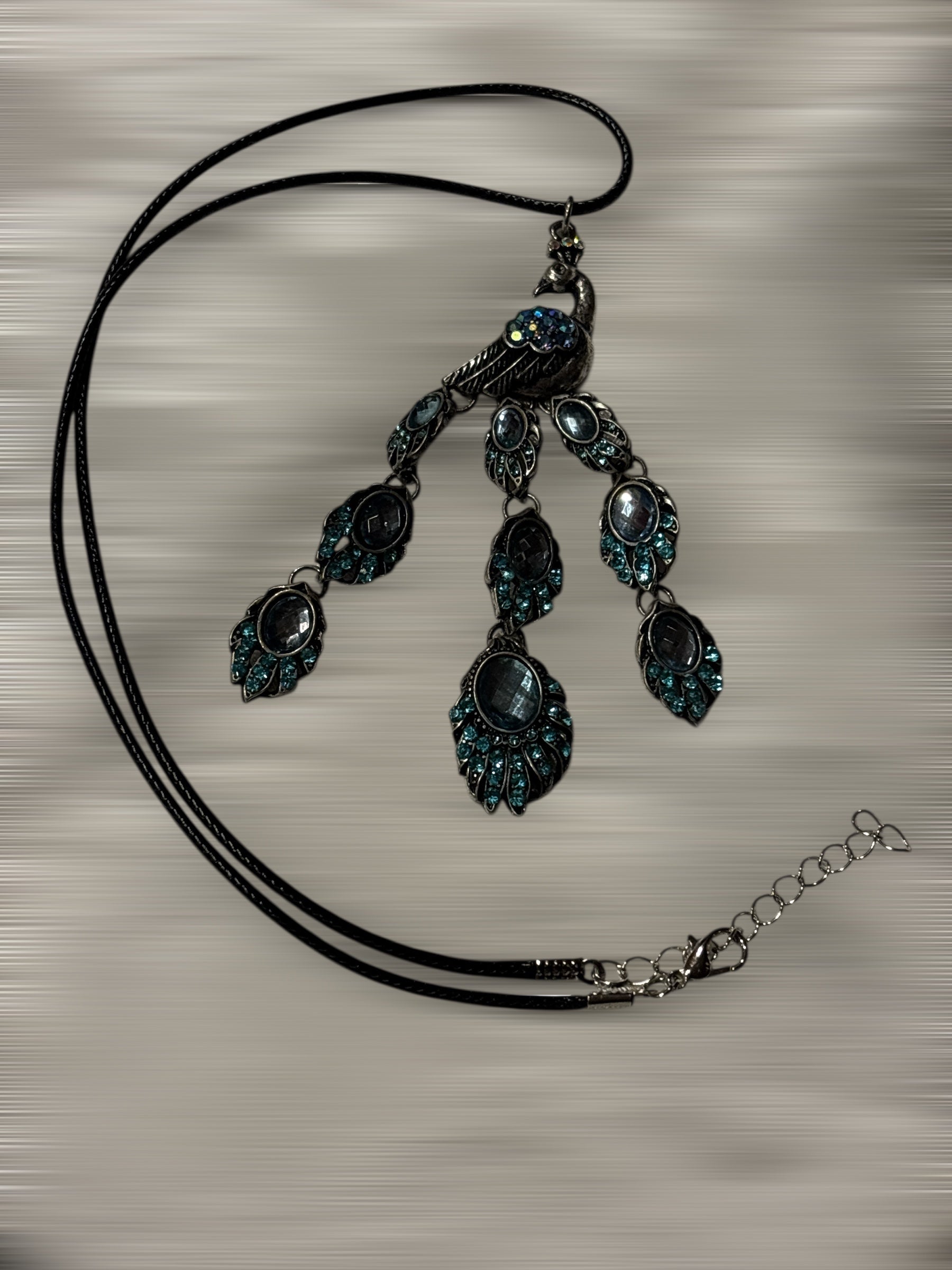 Faceted Peacock Pendant Necklace Blue Crystal Antique Silver Statement Jewelry