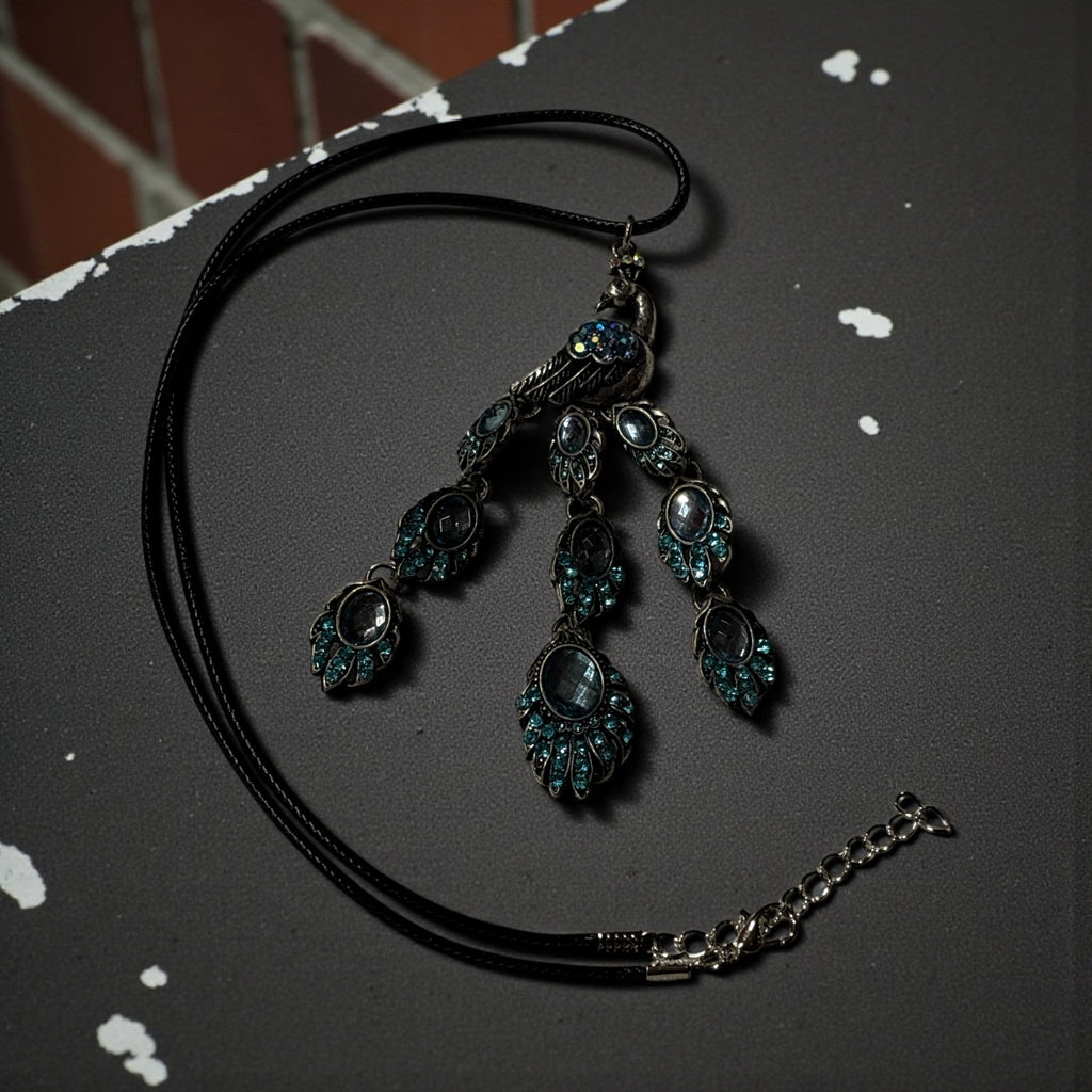 Faceted Peacock Pendant Necklace Blue Crystal Antique Silver Statement Jewelry