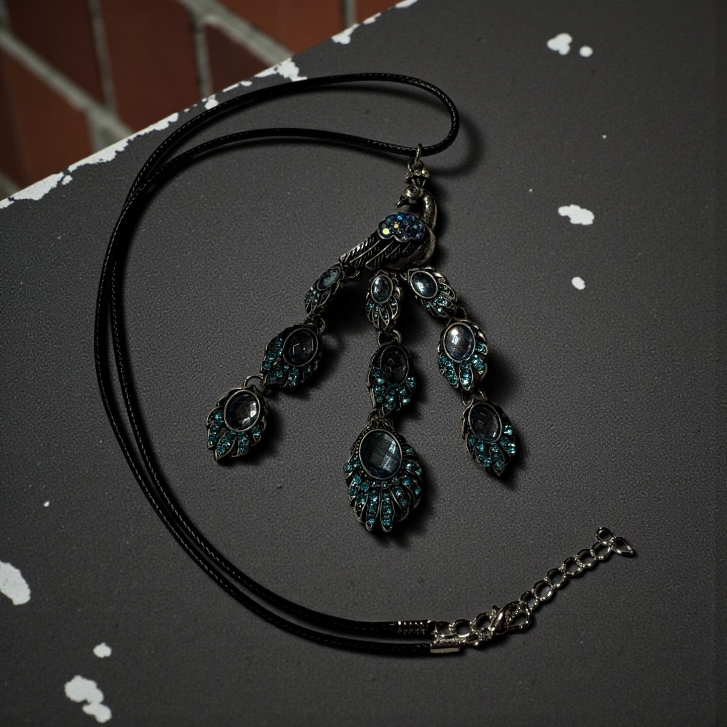 Faceted Peacock Pendant Necklace Blue Crystal Antique Silver Statement Jewelry