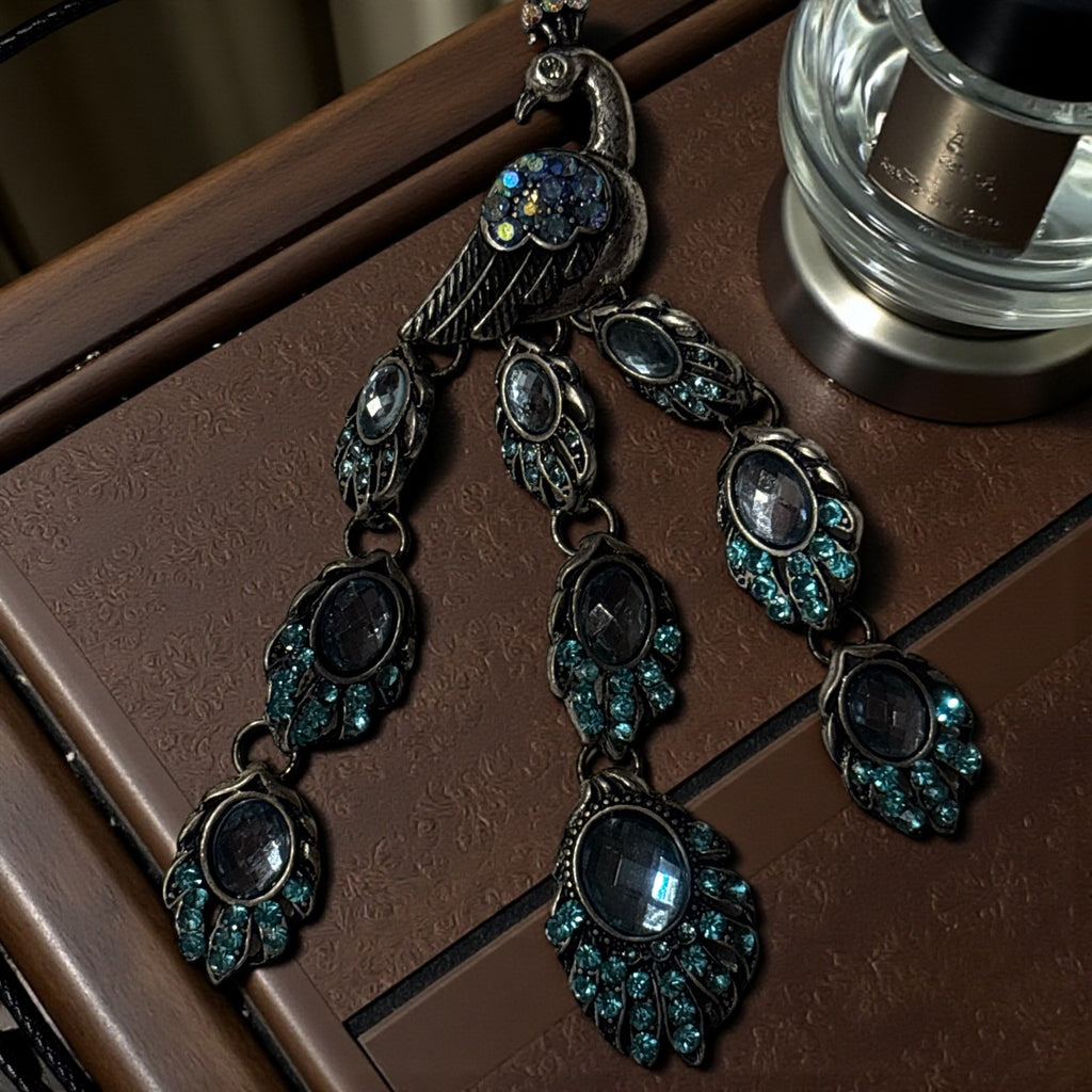 Faceted Peacock Pendant Necklace Blue Crystal Antique Silver Statement Jewelry