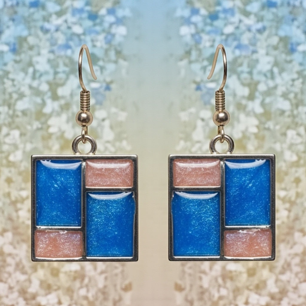 Geometric Resin Earrings, Blue and Blush Block Dangle Earrings, Modern Abstract Resin Jewelry, Lightweight Handmade Earrings