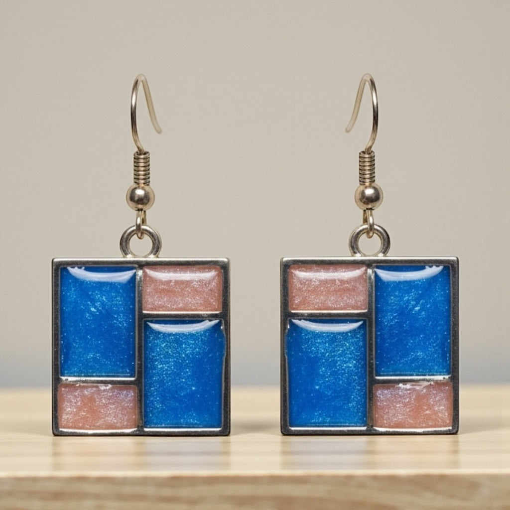 Geometric Resin Earrings, Blue and Blush Block Dangle Earrings, Modern Abstract Resin Jewelry, Lightweight Handmade Earrings