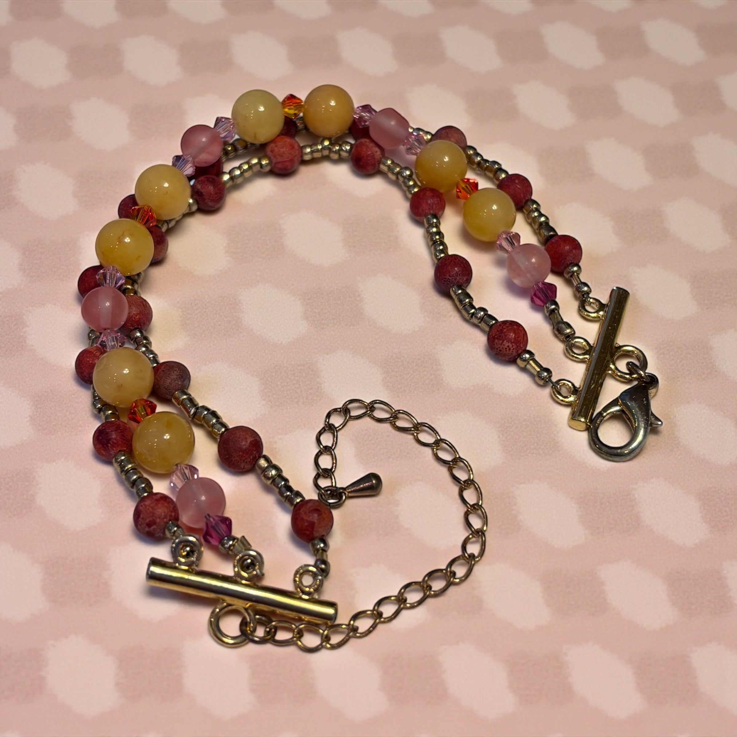 Sponge Coral & Quartz Bracelet 7.25”, Triple Strand Beaded Bracelet with Austrian Crystals, Warm Sunset Jewelry