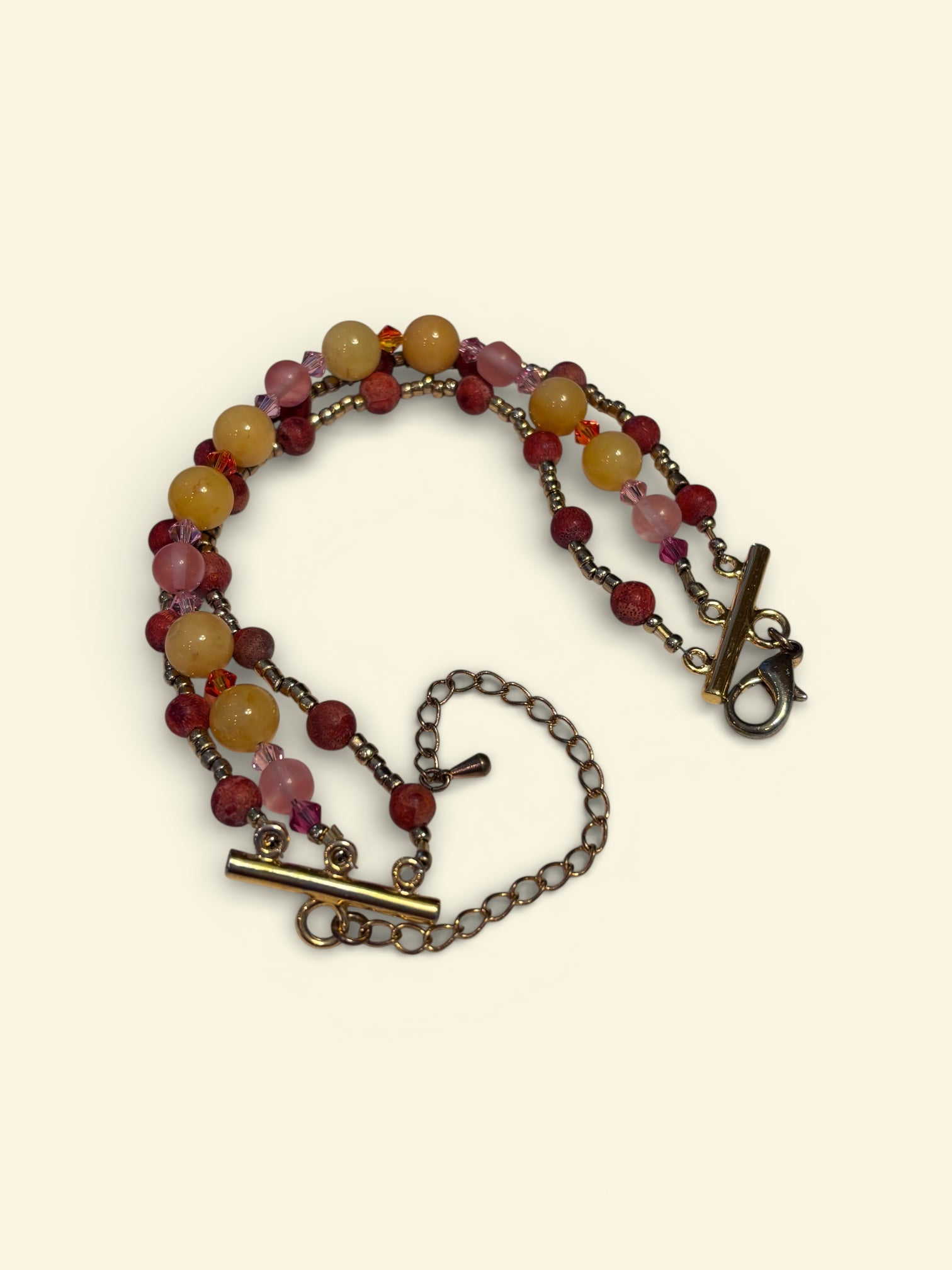 Sponge Coral & Quartz Bracelet 7.25”, Triple Strand Beaded Bracelet with Austrian Crystals, Warm Sunset Jewelry