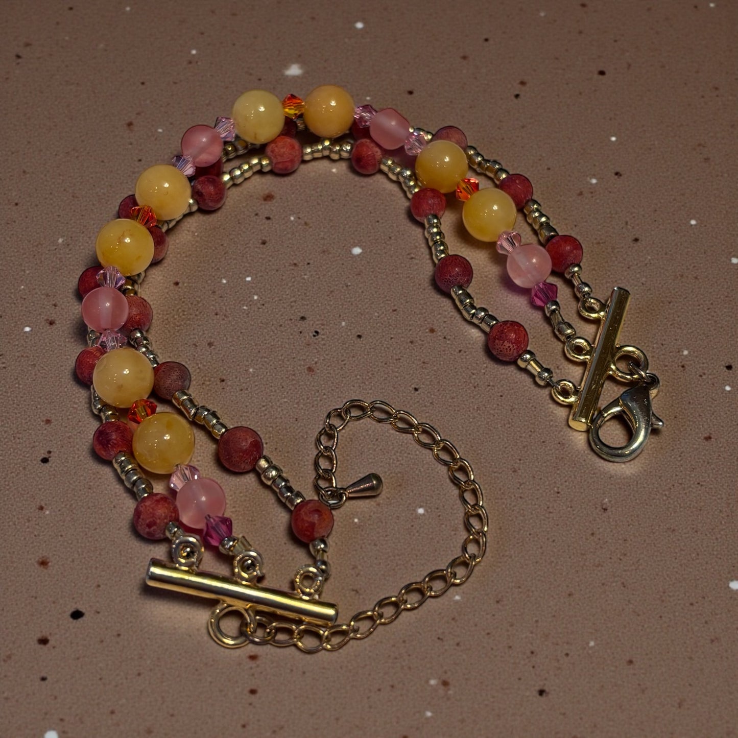 Sponge Coral & Quartz Bracelet 7.25”, Triple Strand Beaded Bracelet with Austrian Crystals, Warm Sunset Jewelry