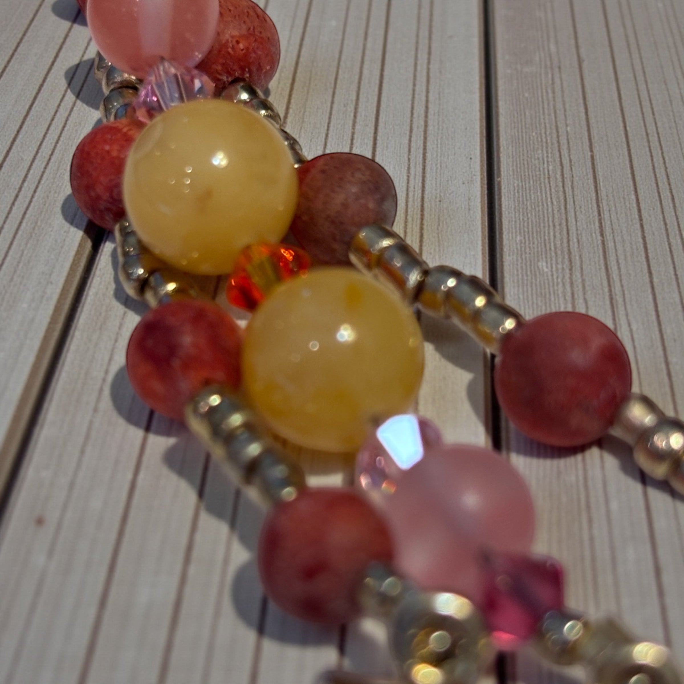 Sponge Coral & Quartz Bracelet 7.25”, Triple Strand Beaded Bracelet with Austrian Crystals, Warm Sunset Jewelry