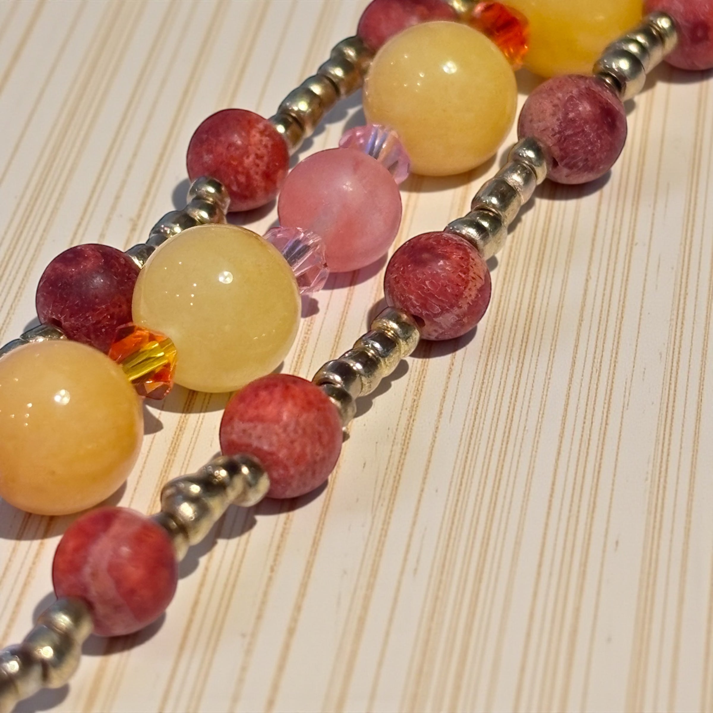 Sponge Coral & Quartz Bracelet 7.25”, Triple Strand Beaded Bracelet with Austrian Crystals, Warm Sunset Jewelry