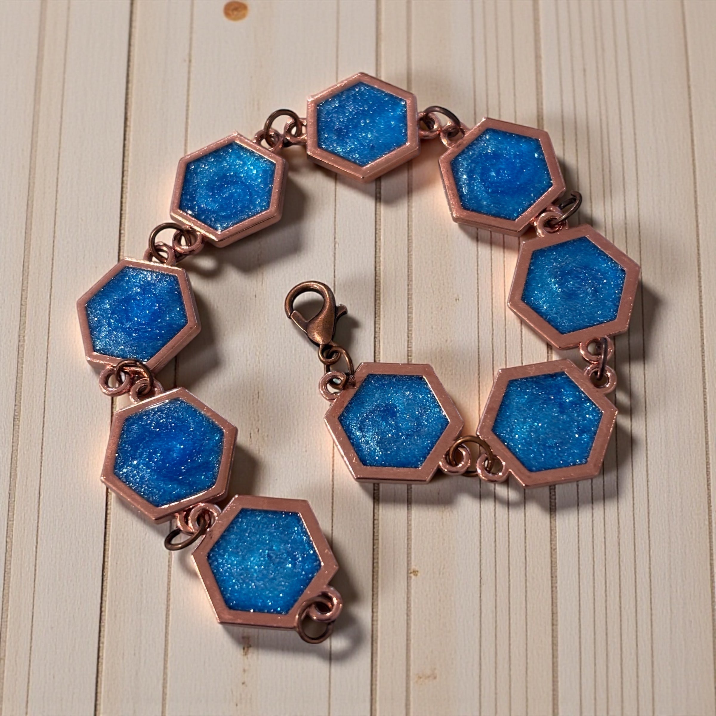 Blue Sparkle Hexagon Bracelet, Copper Geometric Link Bracelet 7.25”