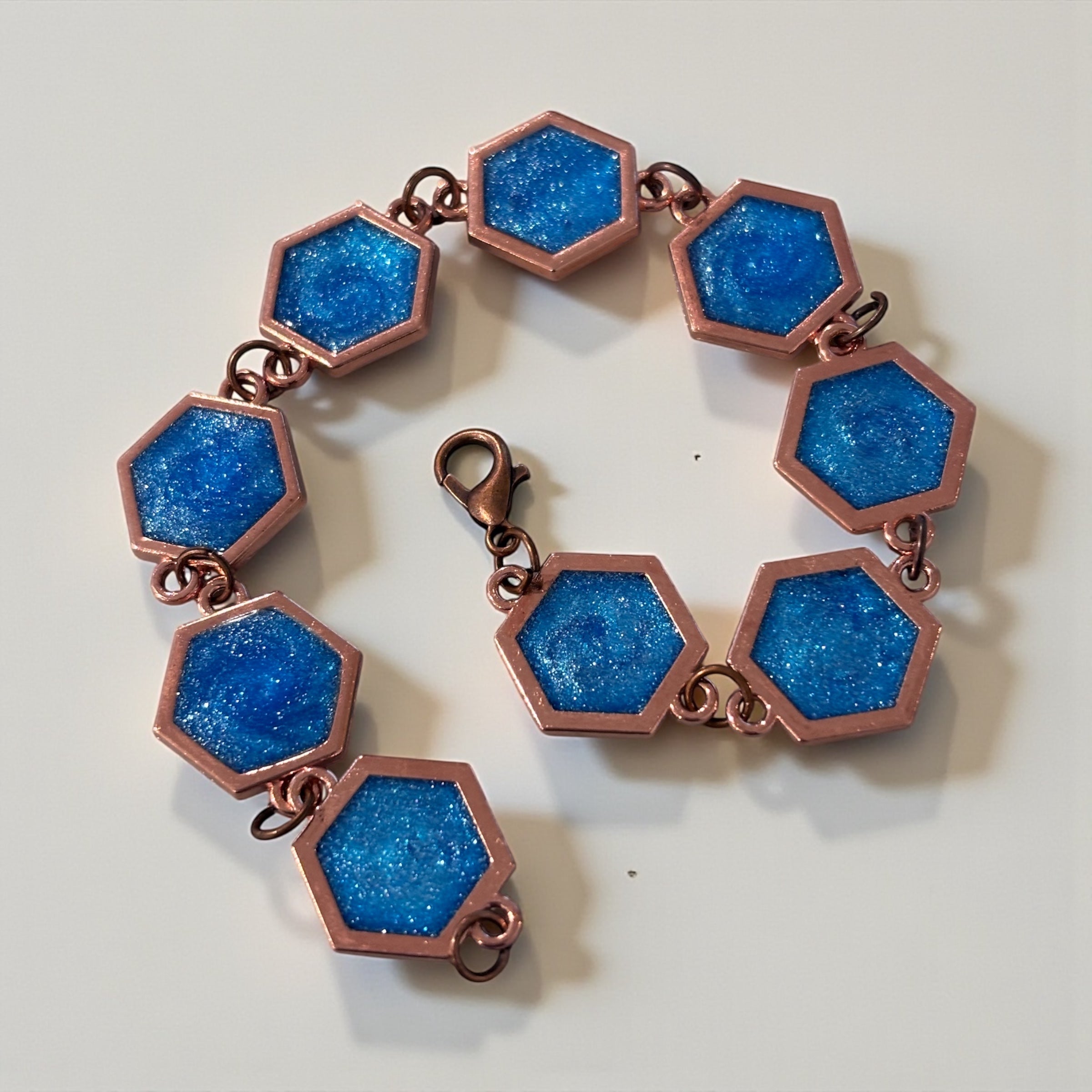 Blue Sparkle Hexagon Bracelet, Copper Geometric Link Bracelet 7.25”