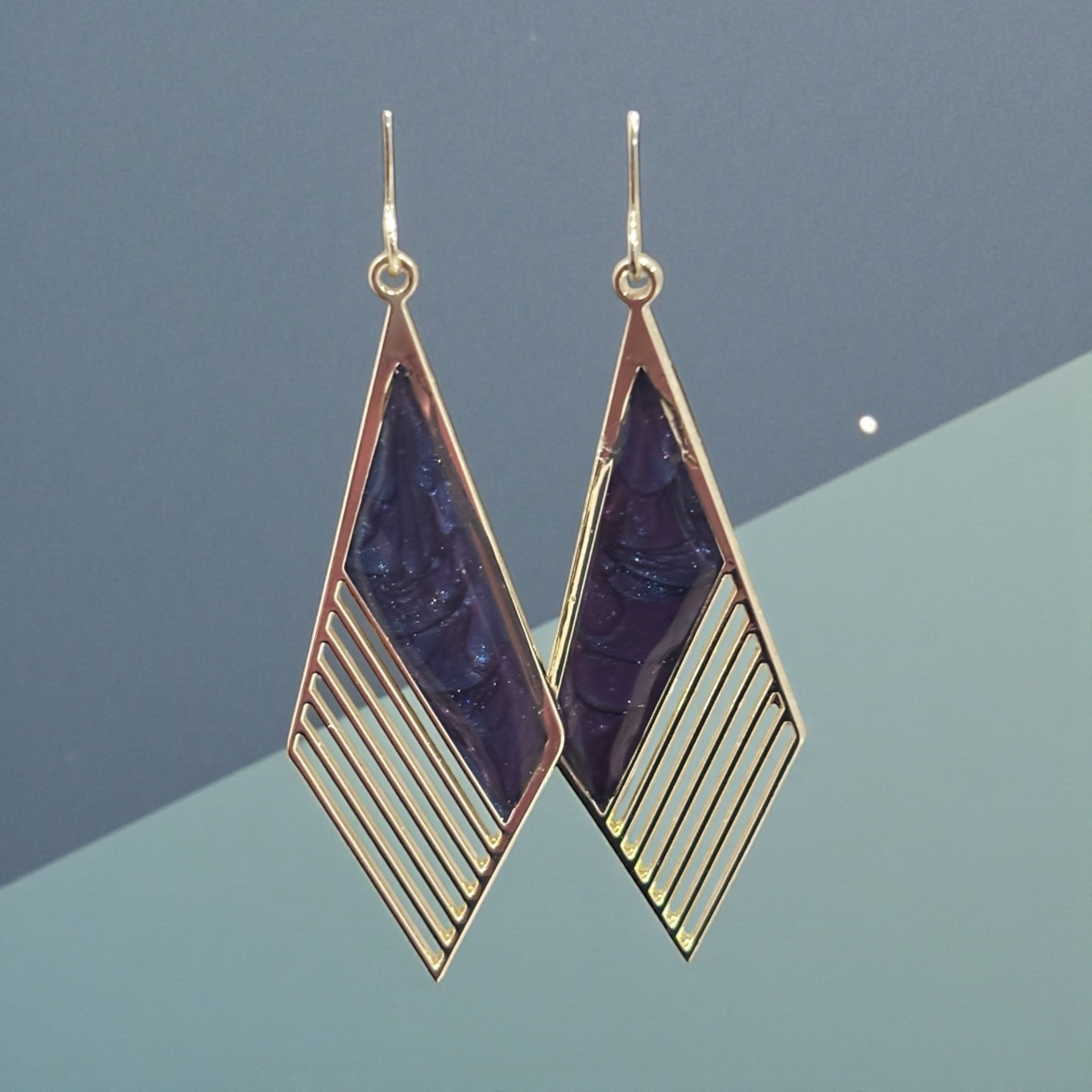 Purple Galaxy Dangle Earrings, Gold Geometric Cats Eye Resin Earrings, Celestial Statement Jewelry