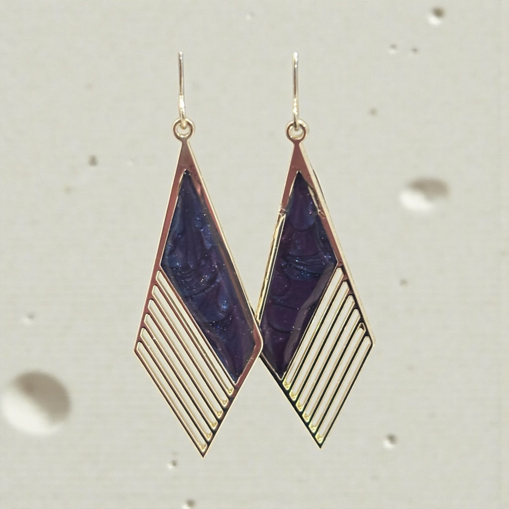 Purple Galaxy Dangle Earrings, Gold Geometric Cats Eye Resin Earrings, Celestial Statement Jewelry