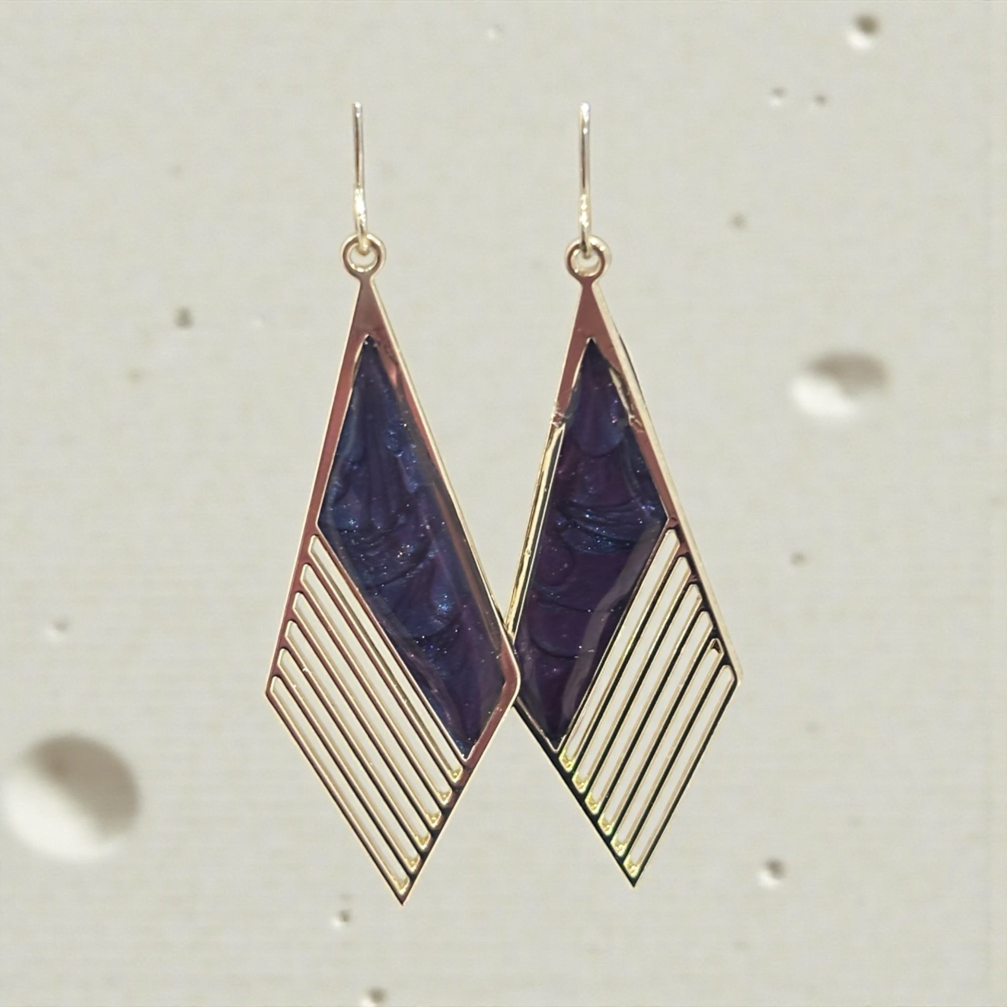 Purple Galaxy Dangle Earrings, Gold Geometric Cats Eye Resin Earrings, Celestial Statement Jewelry