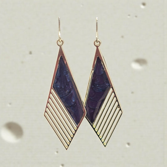Purple Galaxy Dangle Earrings, Gold Geometric Cats Eye Resin Earrings, Celestial Statement Jewelry