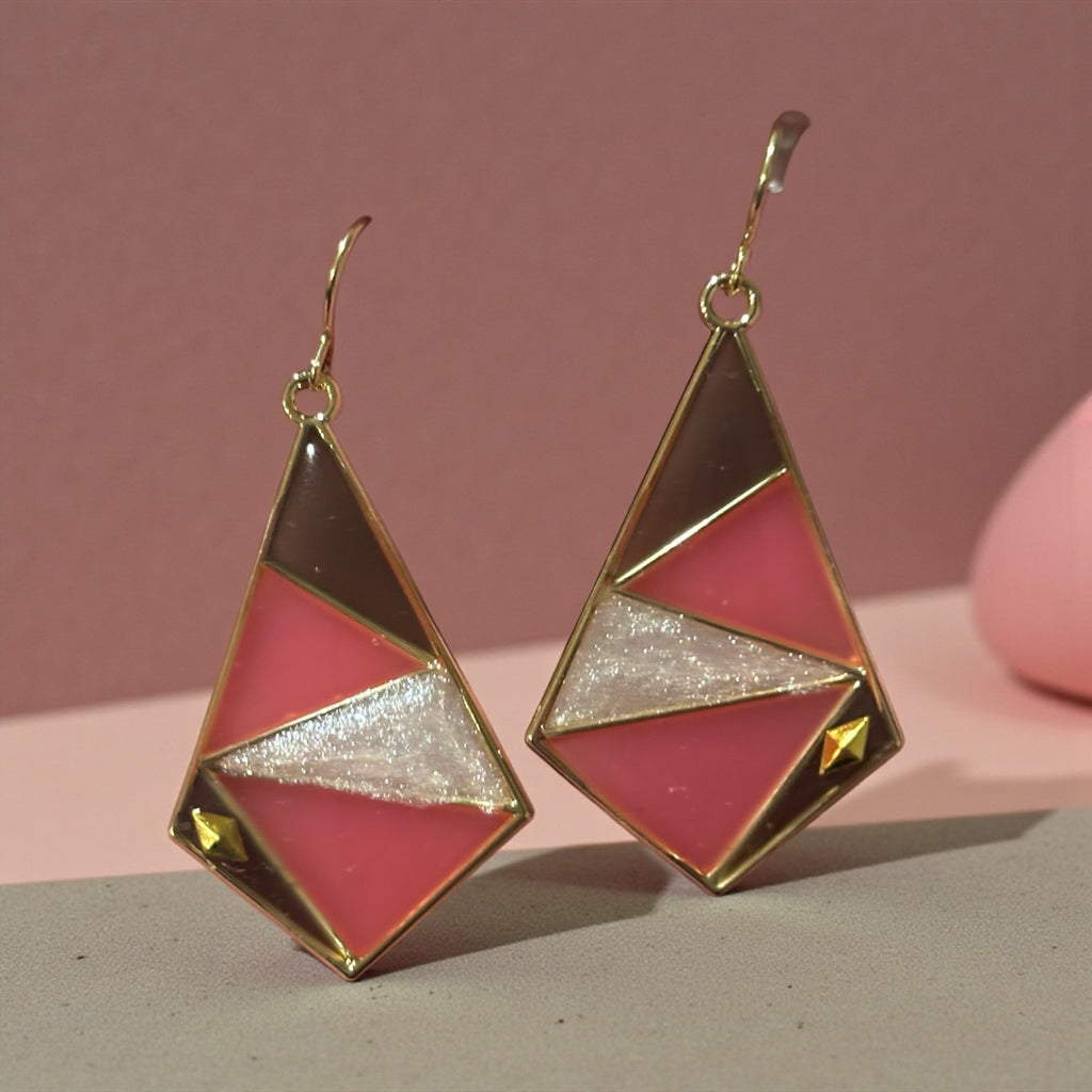 Coral and Soft Black Geometric Earrings – Gold Art Deco Statement Dangles