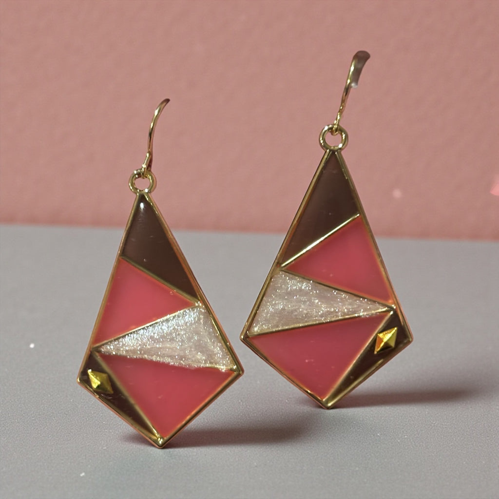 Coral and Soft Black Geometric Earrings – Gold Art Deco Statement Dangles