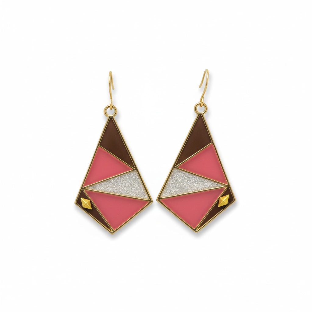 Coral and Soft Black Geometric Earrings – Gold Art Deco Statement Dangles