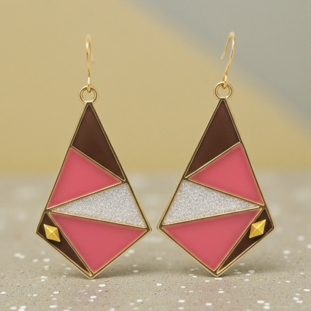 Coral and Soft Black Geometric Earrings – Gold Art Deco Statement Dangles
