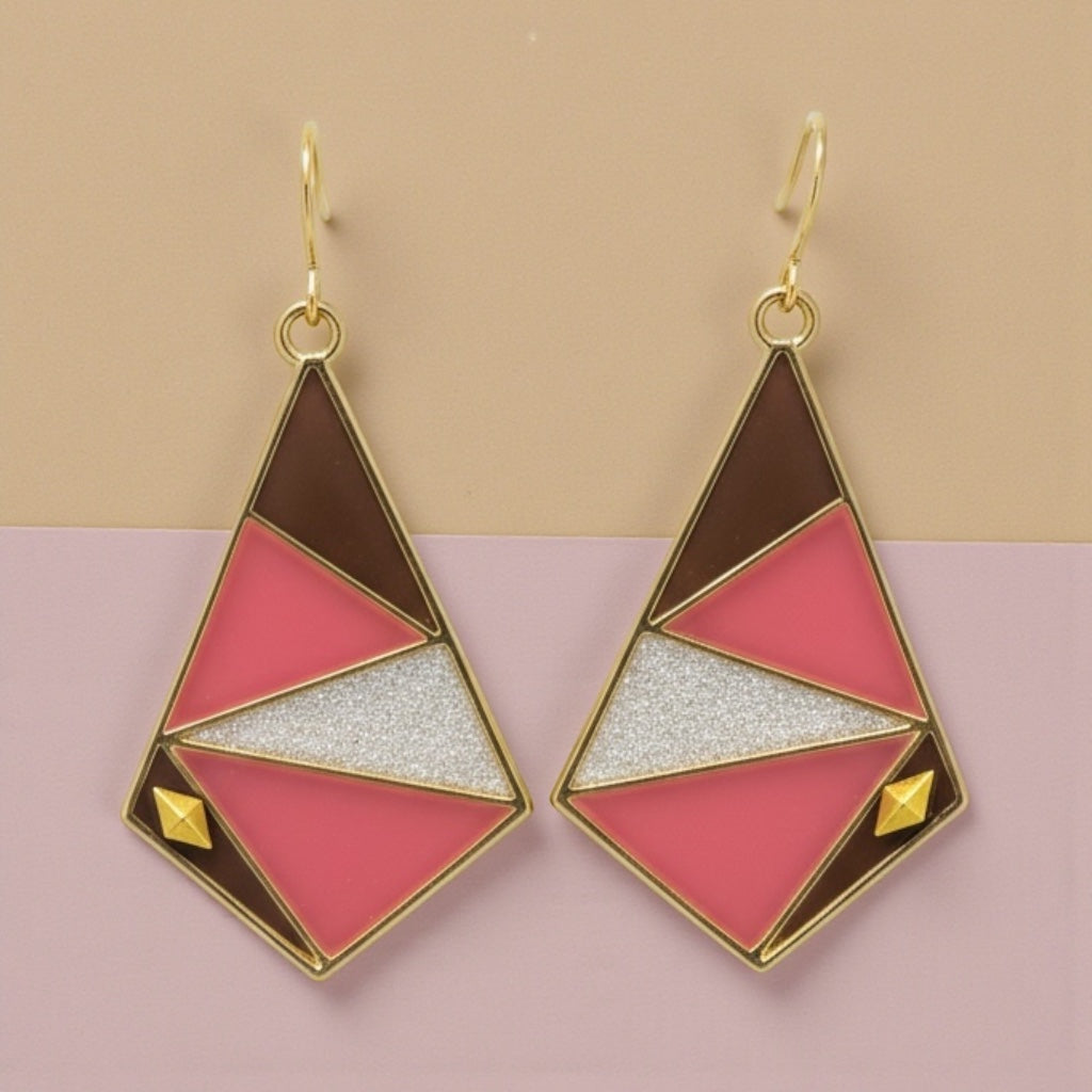 Coral and Soft Black Geometric Earrings – Gold Art Deco Statement Dangles