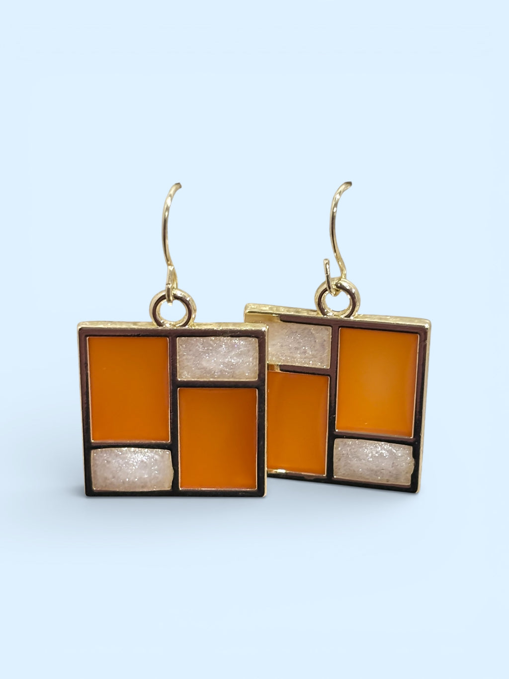 Retro Mod Orange Earrings – Gold Geometric Square Dangles