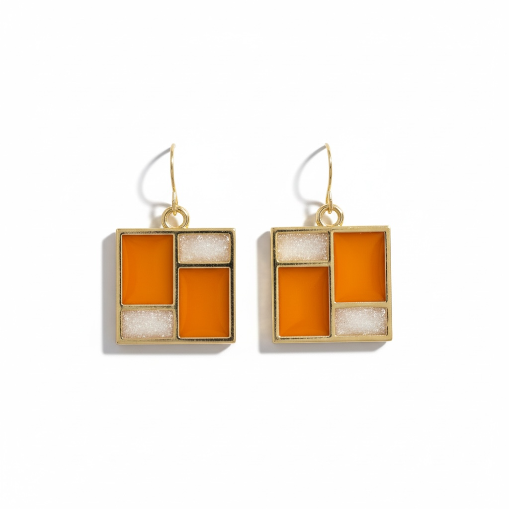 Retro Mod Orange Earrings – Gold Geometric Square Dangles