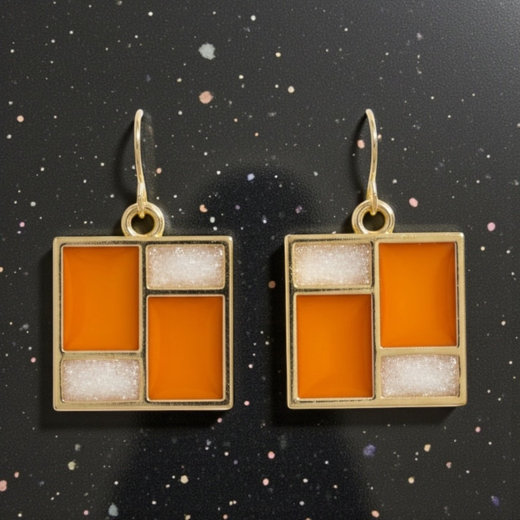 Retro Mod Orange Earrings – Gold Geometric Square Dangles