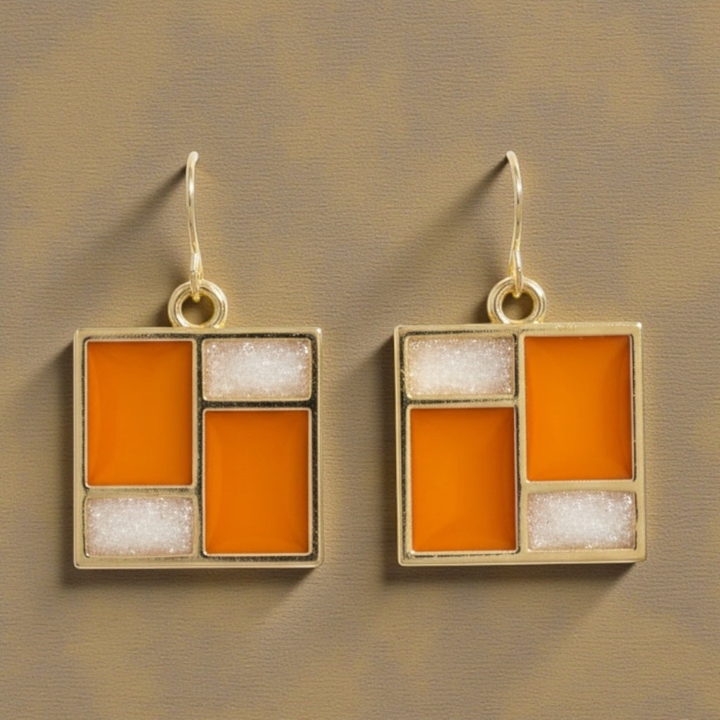 Retro Mod Orange Earrings – Gold Geometric Square Dangles