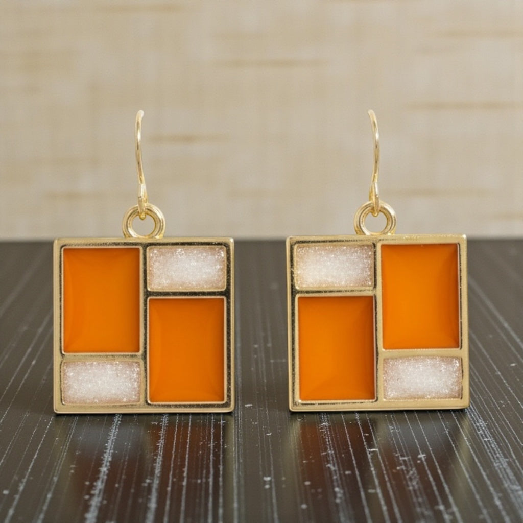 Retro Mod Orange Earrings – Gold Geometric Square Dangles