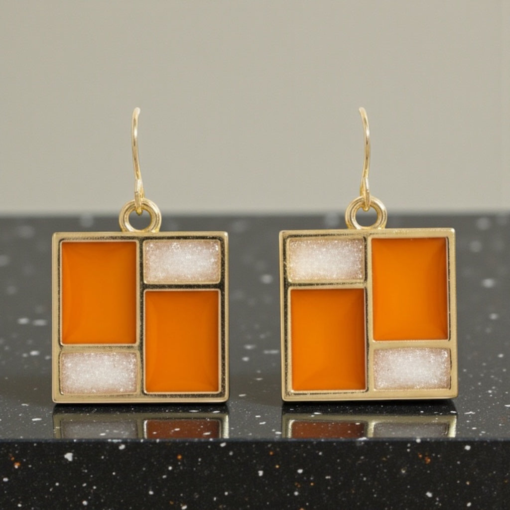 Retro Mod Orange Earrings – Gold Geometric Square Dangles