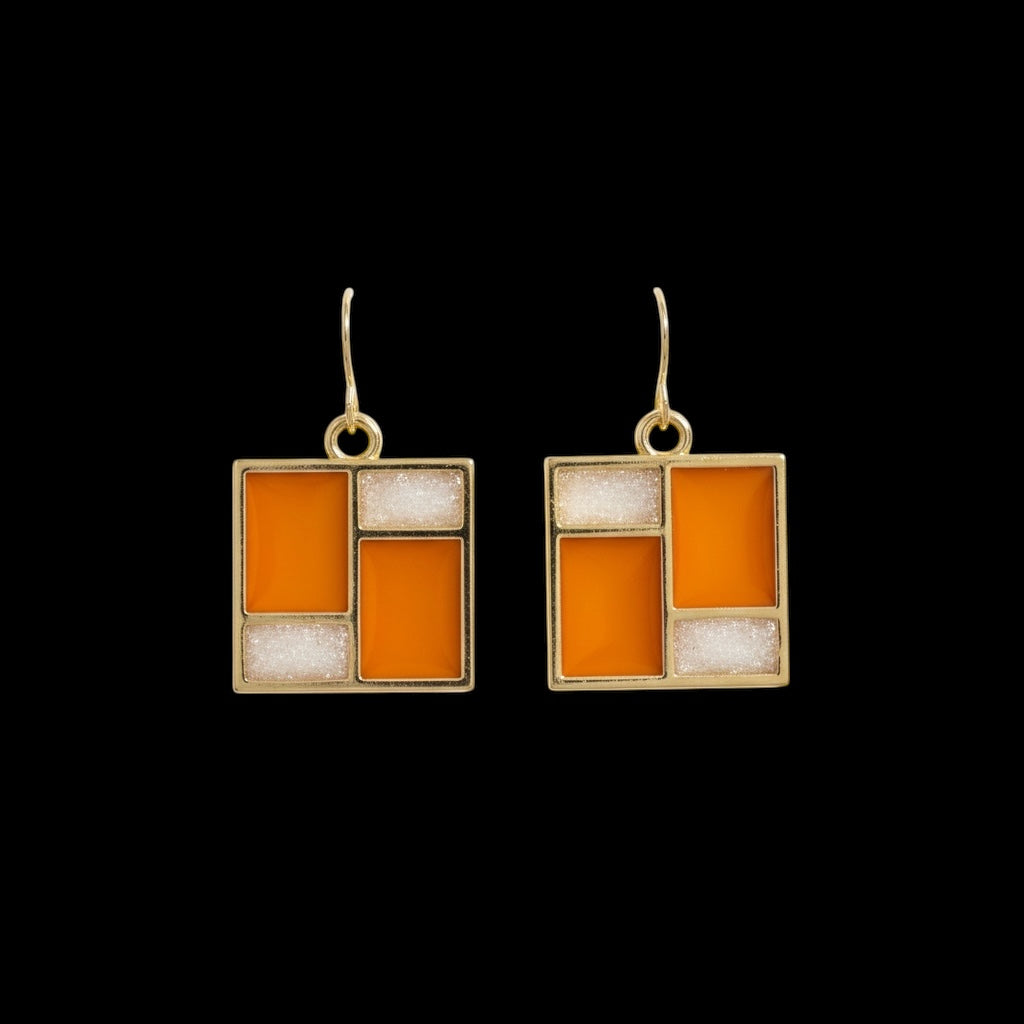 Retro Mod Orange Earrings – Gold Geometric Square Dangles