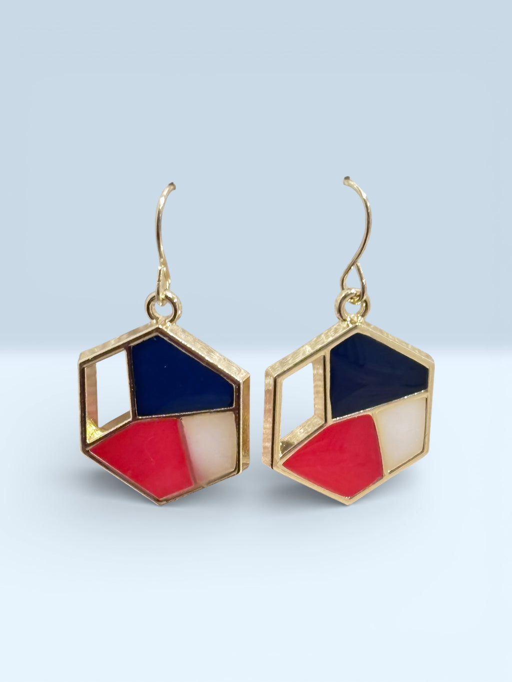 Modern Hexagon Earrings, Red White Blue Statement Dangles