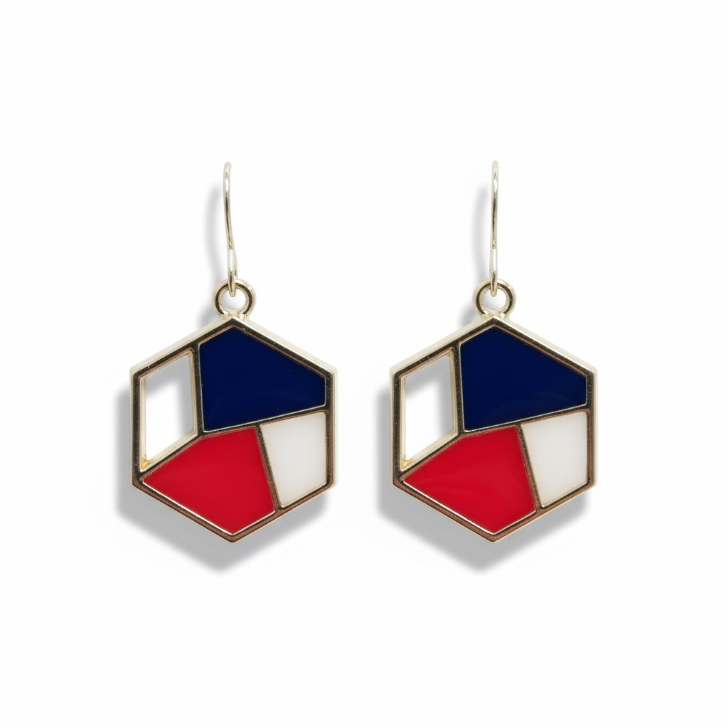 Modern Hexagon Earrings, Red White Blue Statement Dangles