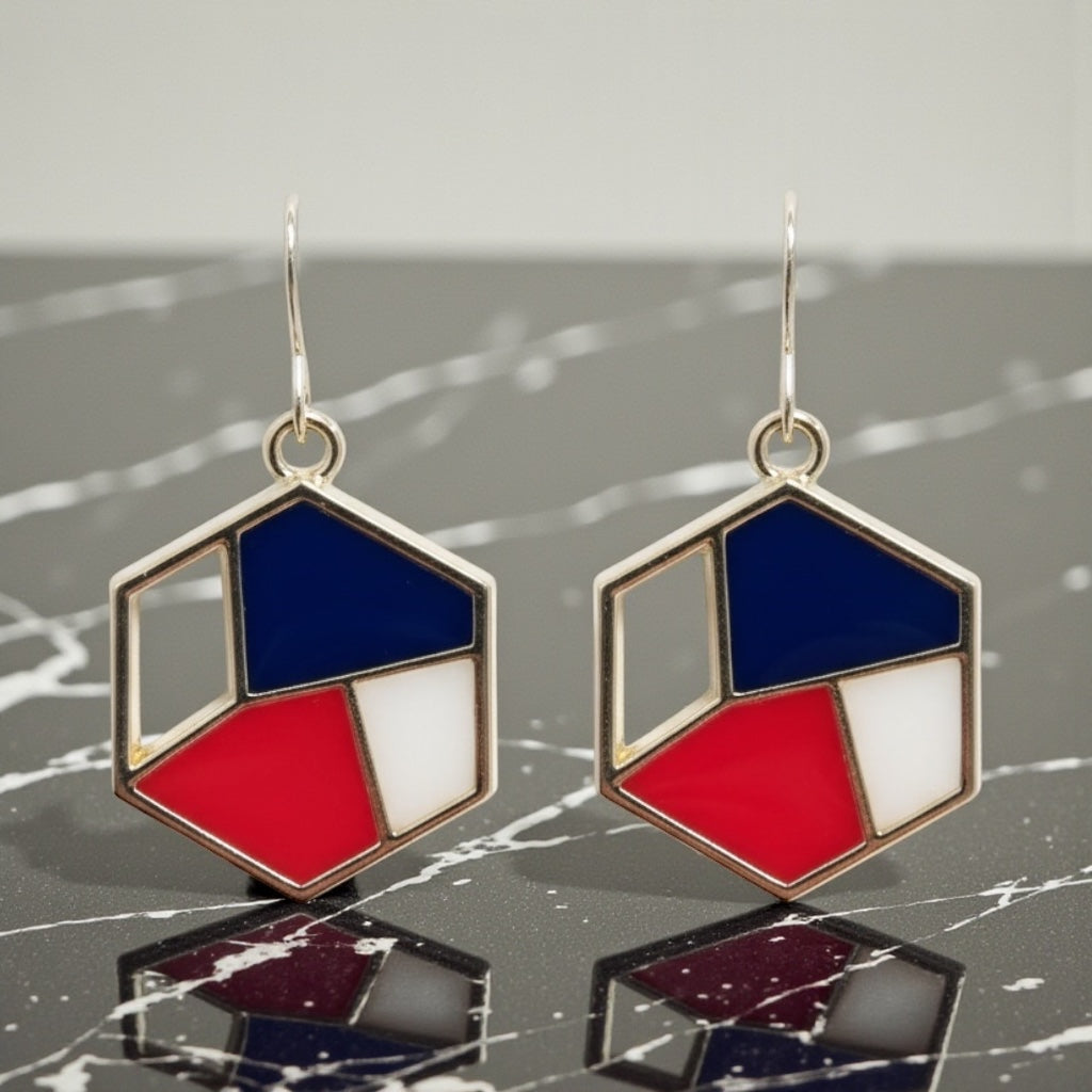 Modern Hexagon Earrings, Red White Blue Statement Dangles