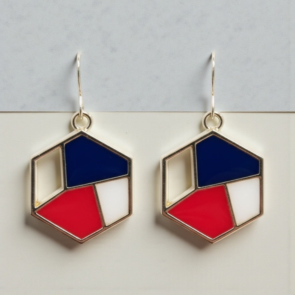 Modern Hexagon Earrings, Red White Blue Statement Dangles