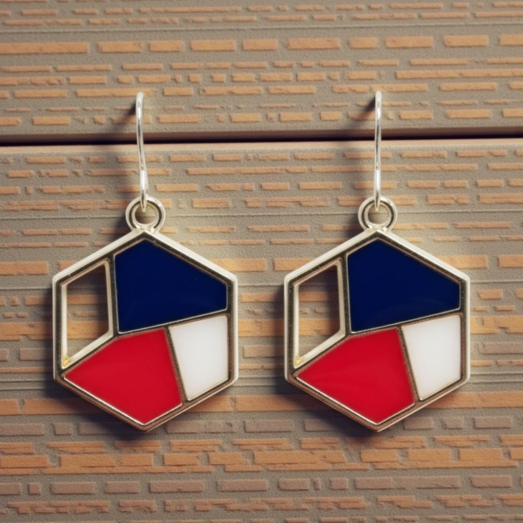 Modern Hexagon Earrings, Red White Blue Statement Dangles