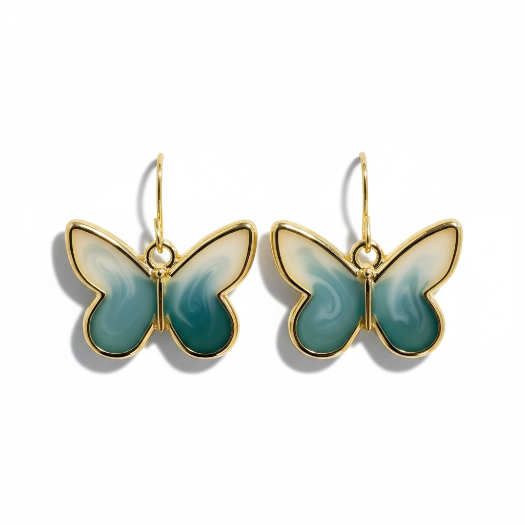 Teal & Cream Butterfly Earrings – Gold Framed Swirl Resin Dangles
