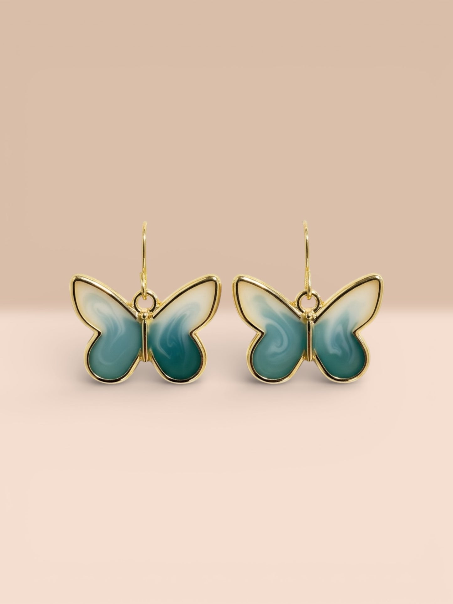 Teal & Cream Butterfly Earrings – Gold Framed Swirl Resin Dangles