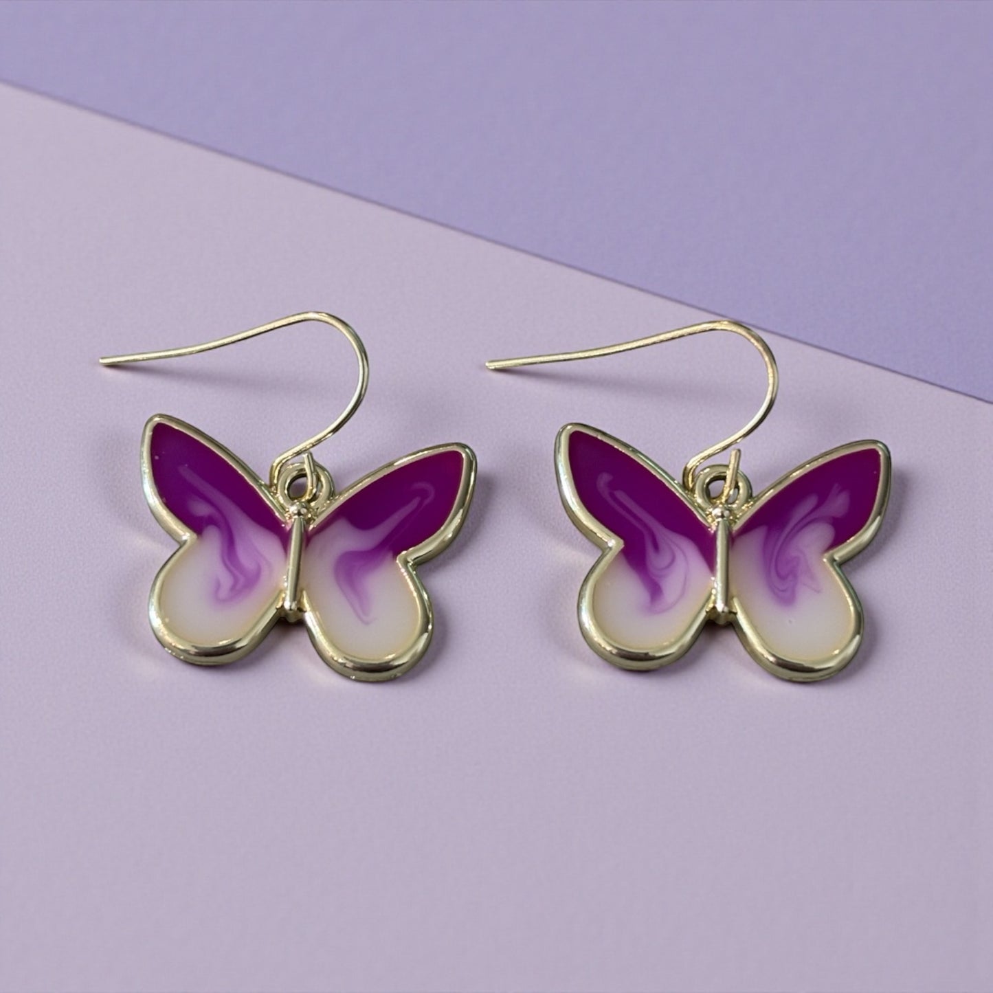 Lavender & Cream Butterfly Earrings – Gold Framed Swirl Resin Dangles
