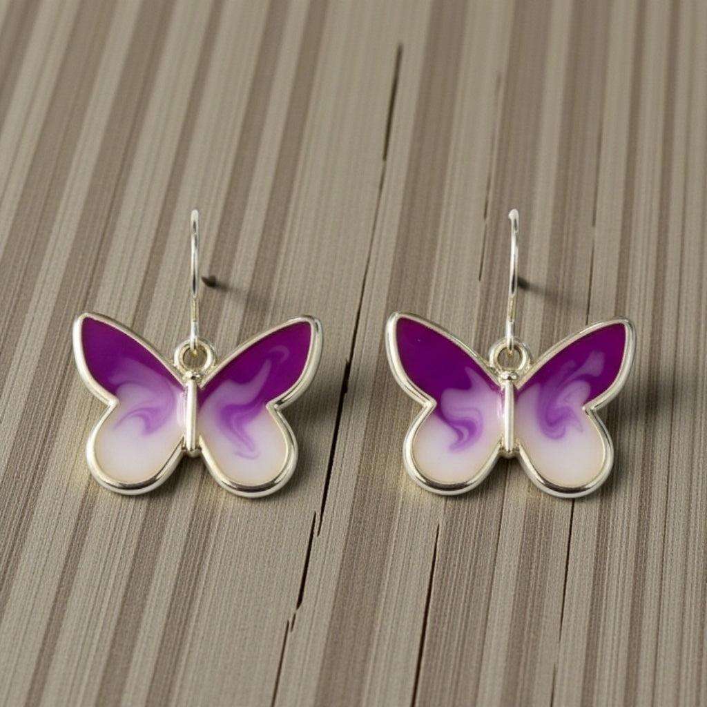 Lavender & Cream Butterfly Earrings – Gold Framed Swirl Resin Dangles