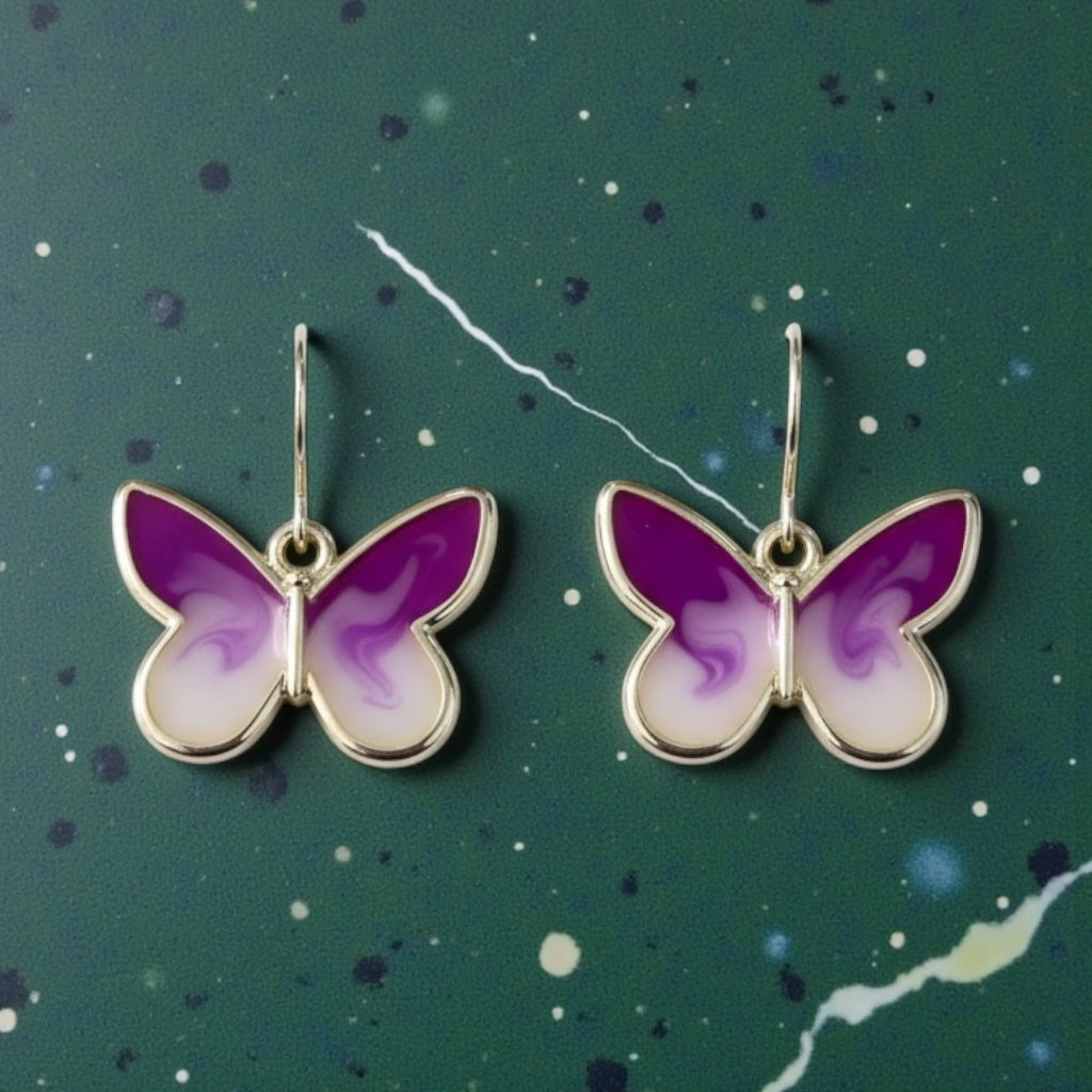 Lavender & Cream Butterfly Earrings – Gold Framed Swirl Resin Dangles