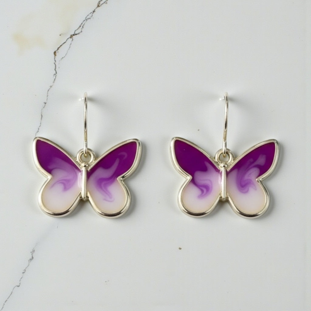 Lavender & Cream Butterfly Earrings – Gold Framed Swirl Resin Dangles