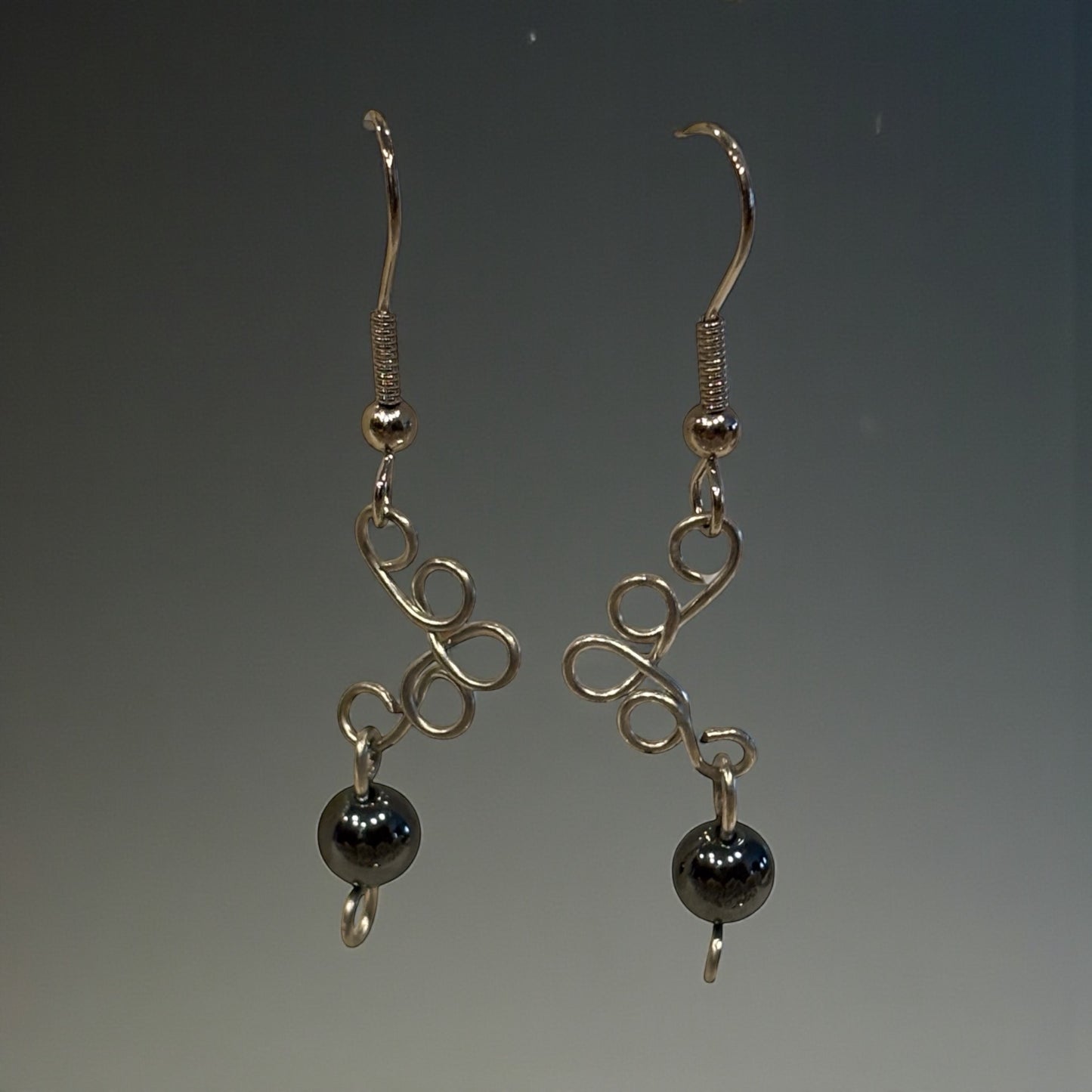 Hand Wired Hematite Dangle Earrings, Minimalist Silver Wire Earrings, Modern Artisan Jewelry, Grounding Stone Gift