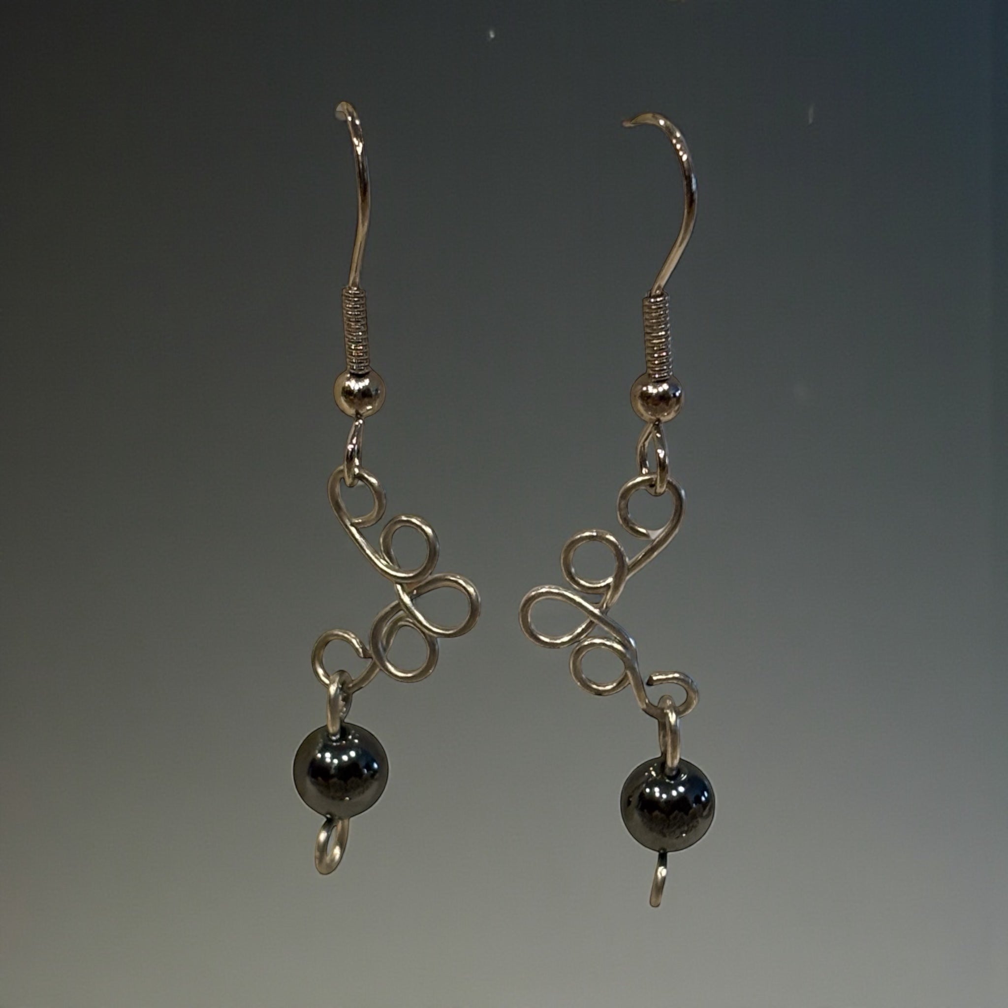 Hand Wired Hematite Dangle Earrings, Minimalist Silver Wire Earrings, Modern Artisan Jewelry, Grounding Stone Gift
