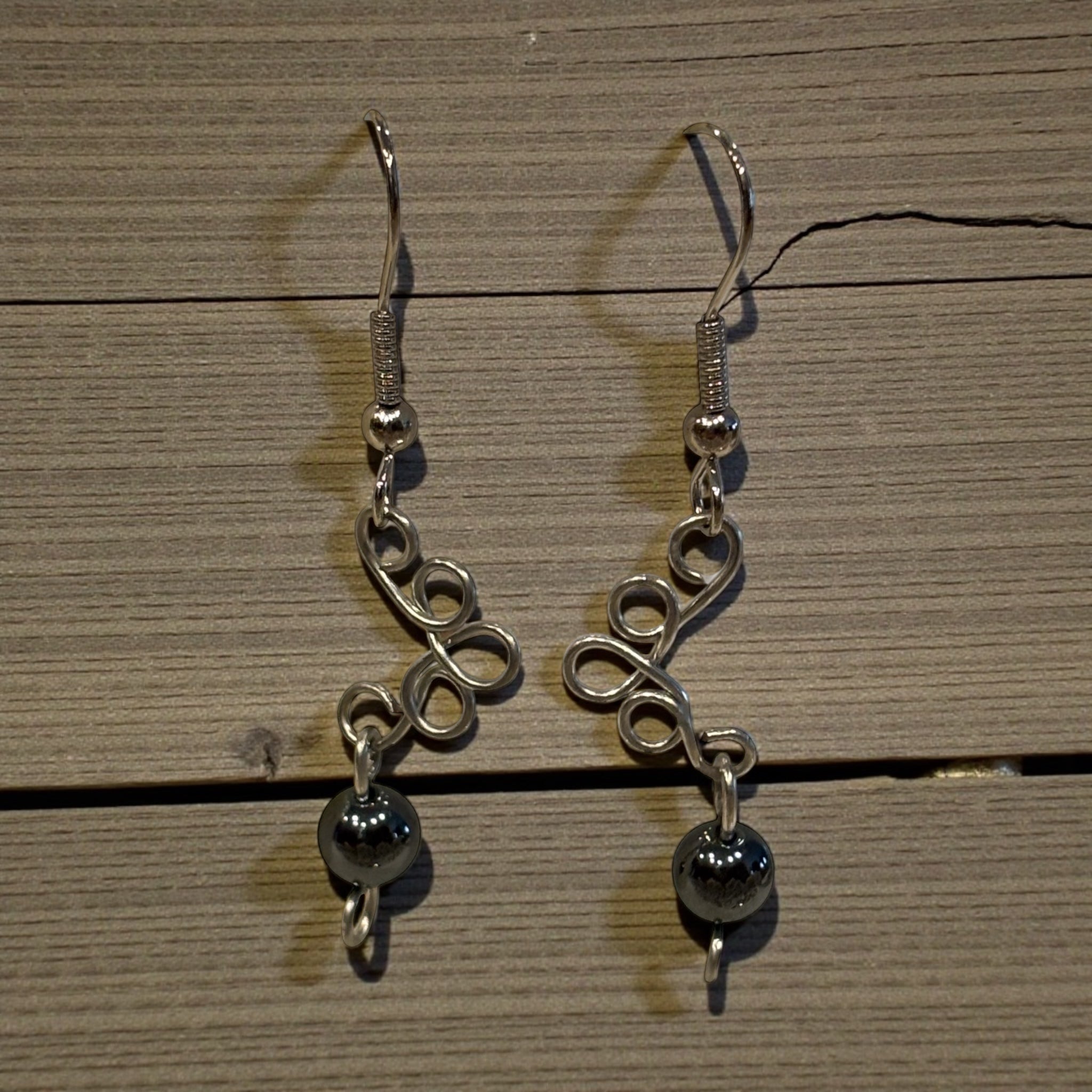 Hand Wired Hematite Dangle Earrings, Minimalist Silver Wire Earrings, Modern Artisan Jewelry, Grounding Stone Gift