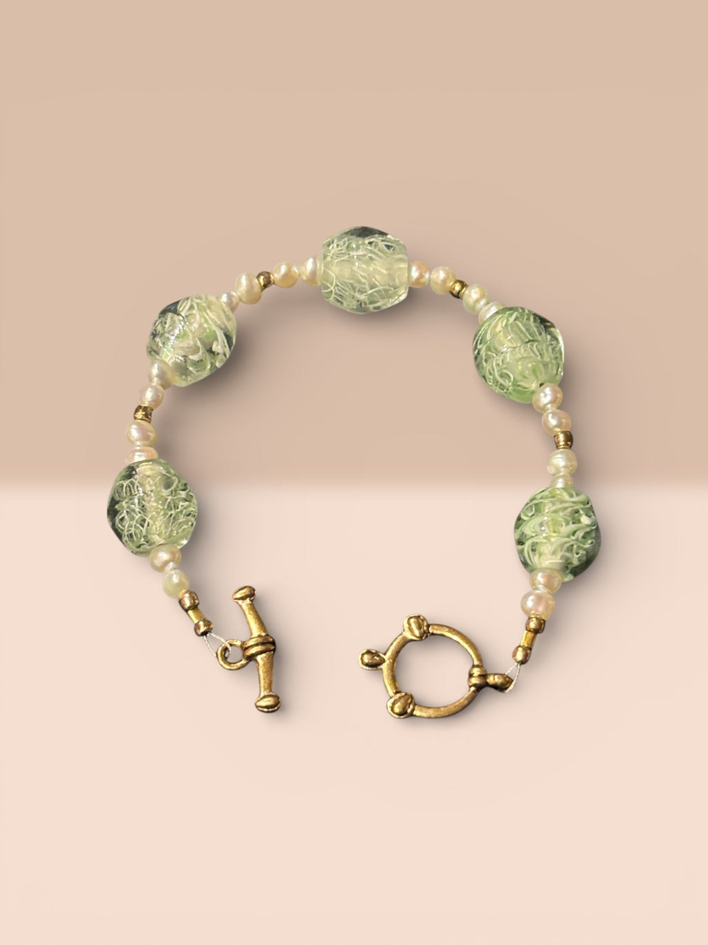 Green Art Glass & Freshwater Pearl Bracelet, Handmade Glass Bead Bracelet with Gold Toggle, Elegant Boho Jewelry