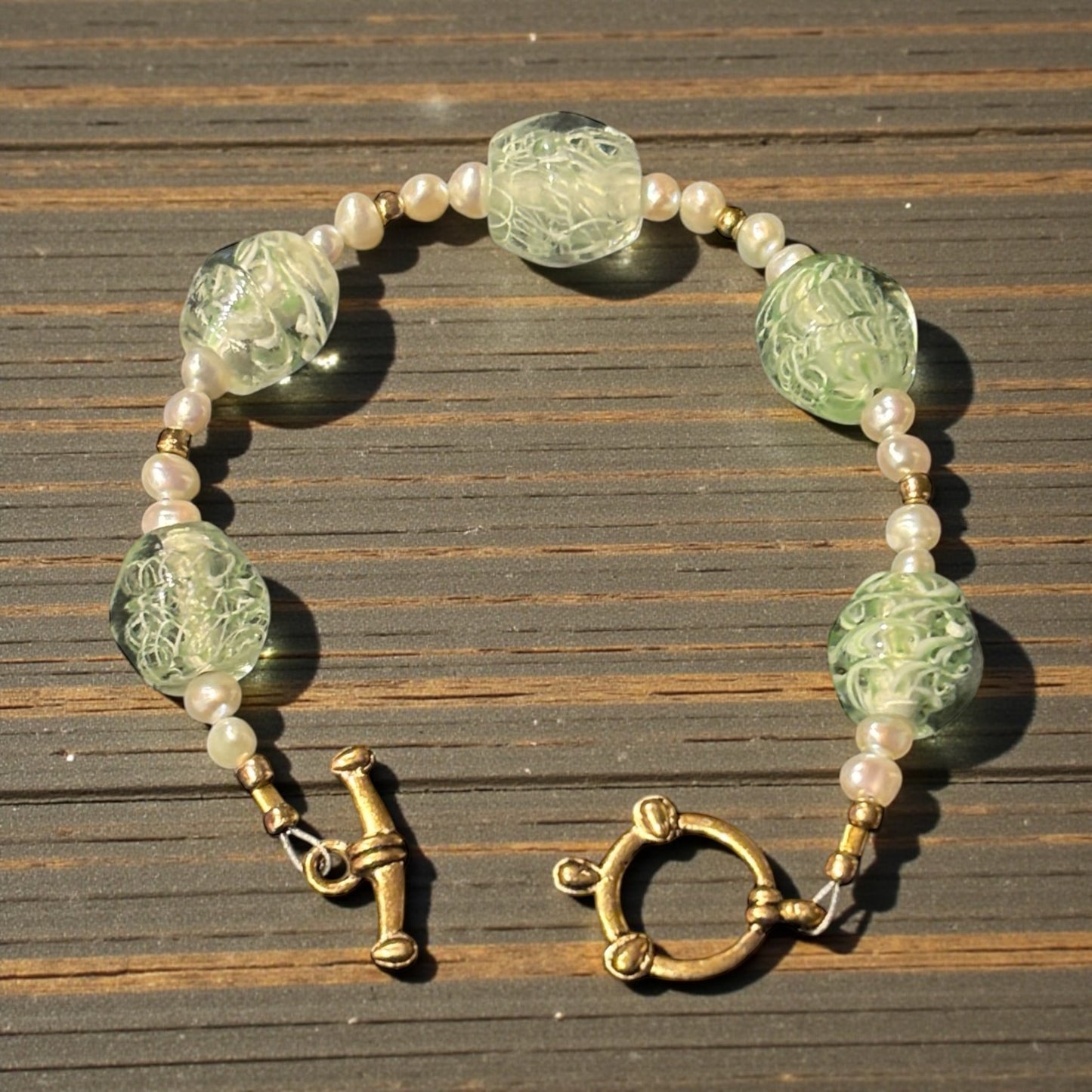 Green Art Glass & Freshwater Pearl Bracelet, Handmade Glass Bead Bracelet with Gold Toggle, Elegant Boho Jewelry