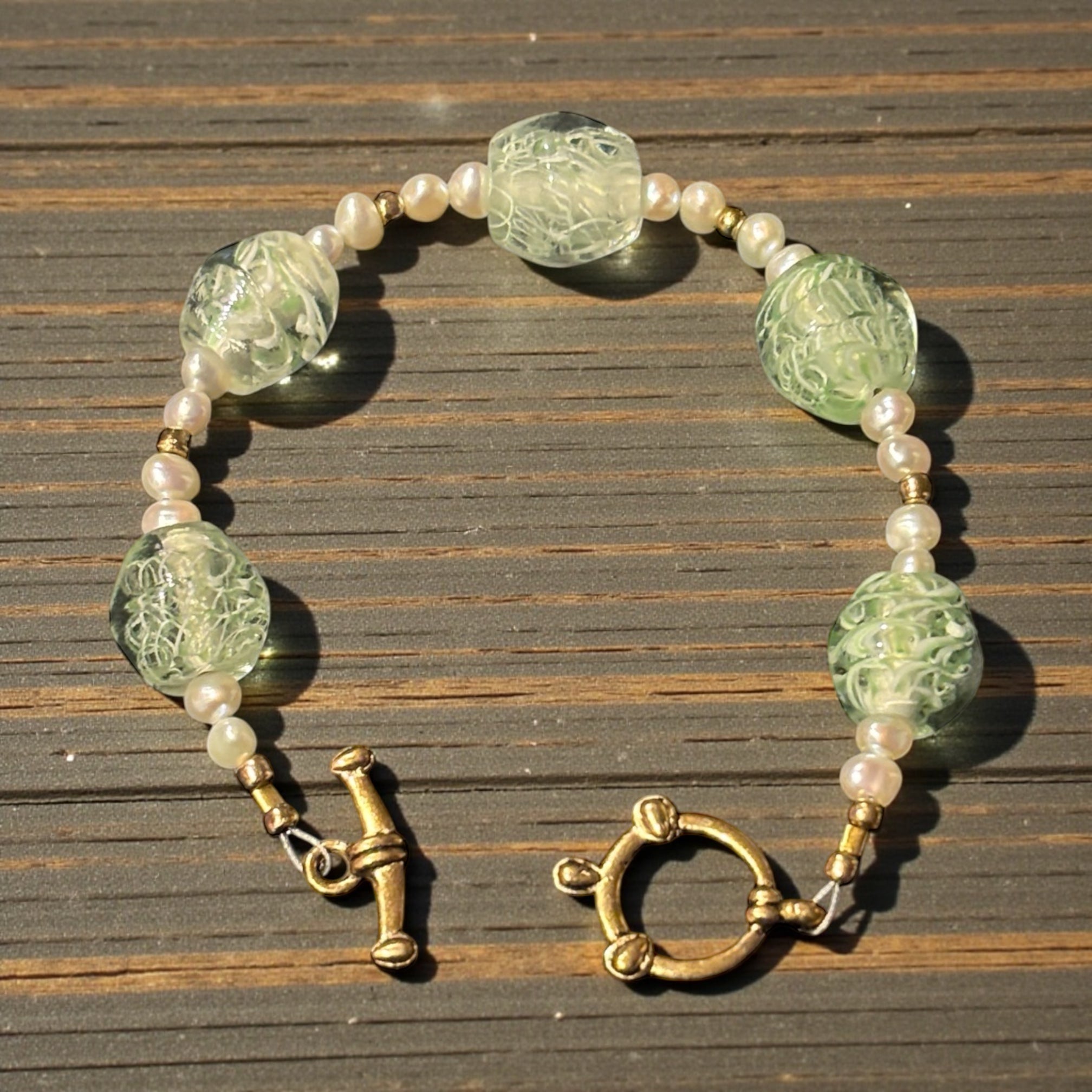 Green Art Glass & Freshwater Pearl Bracelet, Handmade Glass Bead Bracelet with Gold Toggle, Elegant Boho Jewelry