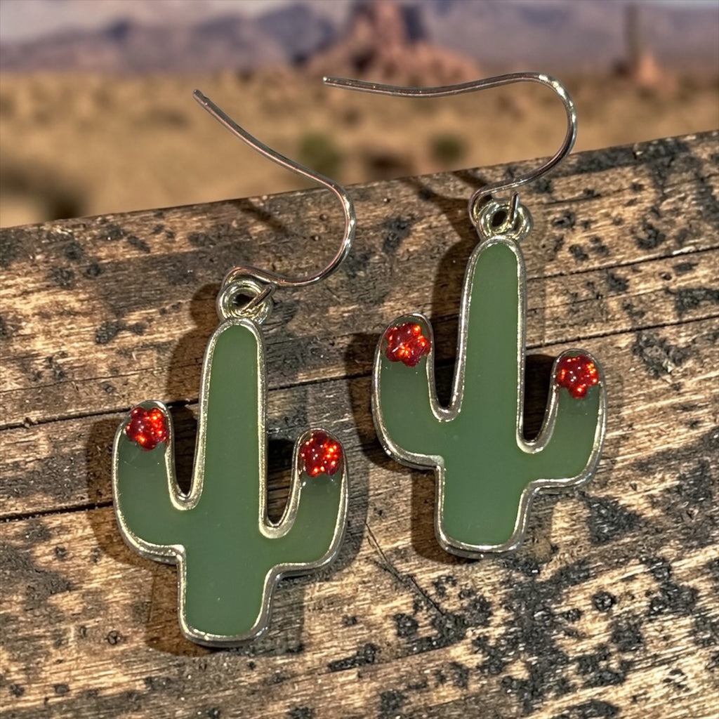 Green Cactus Dangle Earrings with Red Crystal Accent | Desert Jewelry | Southwest Style Earrings | Cute Botanical Earrings | Lightweight Gold Tone Dangles