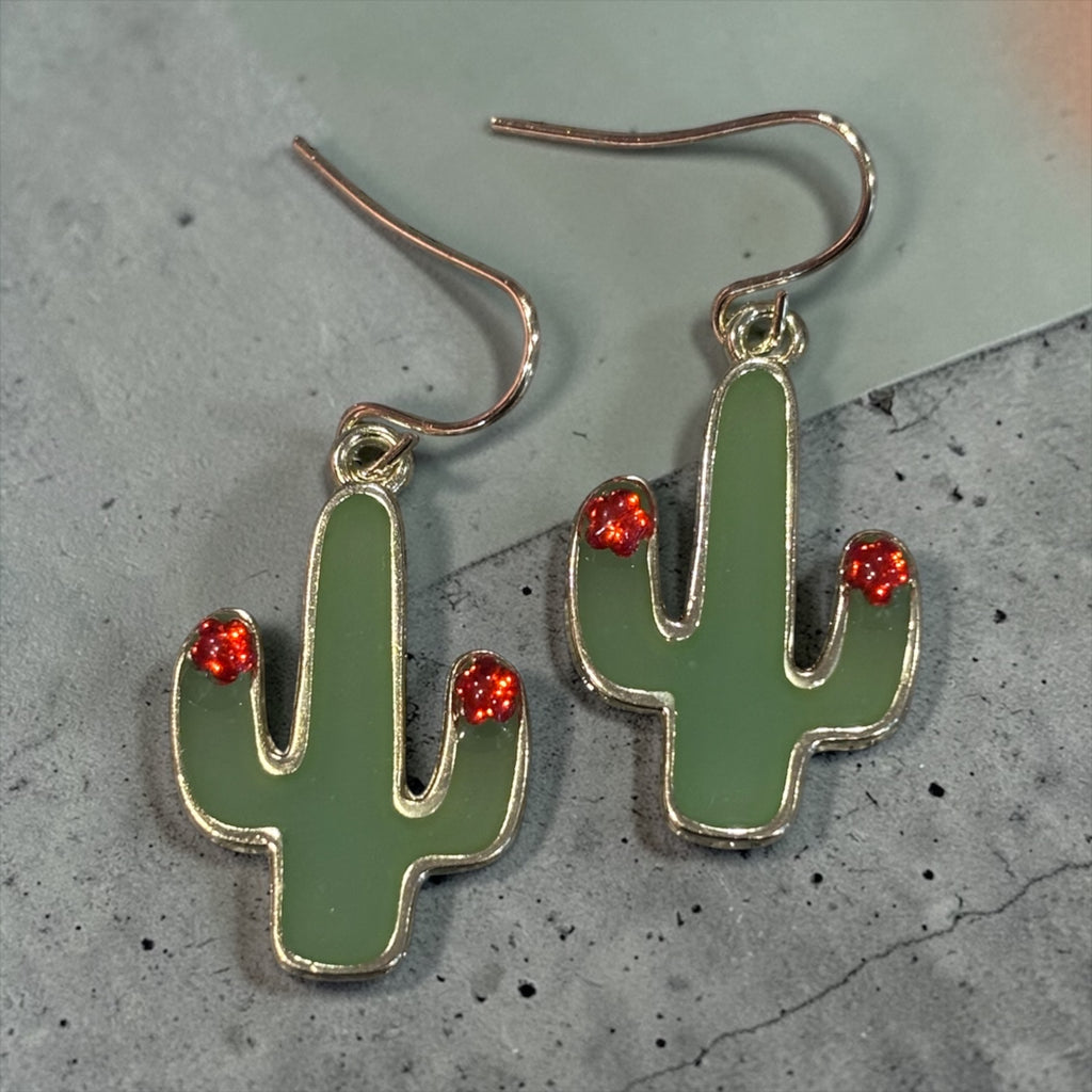 Green Cactus Dangle Earrings with Red Crystal Accent | Desert Jewelry | Southwest Style Earrings | Cute Botanical Earrings | Lightweight Gold Tone Dangles